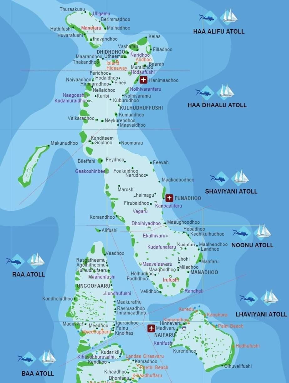 mapa maledivy pláž